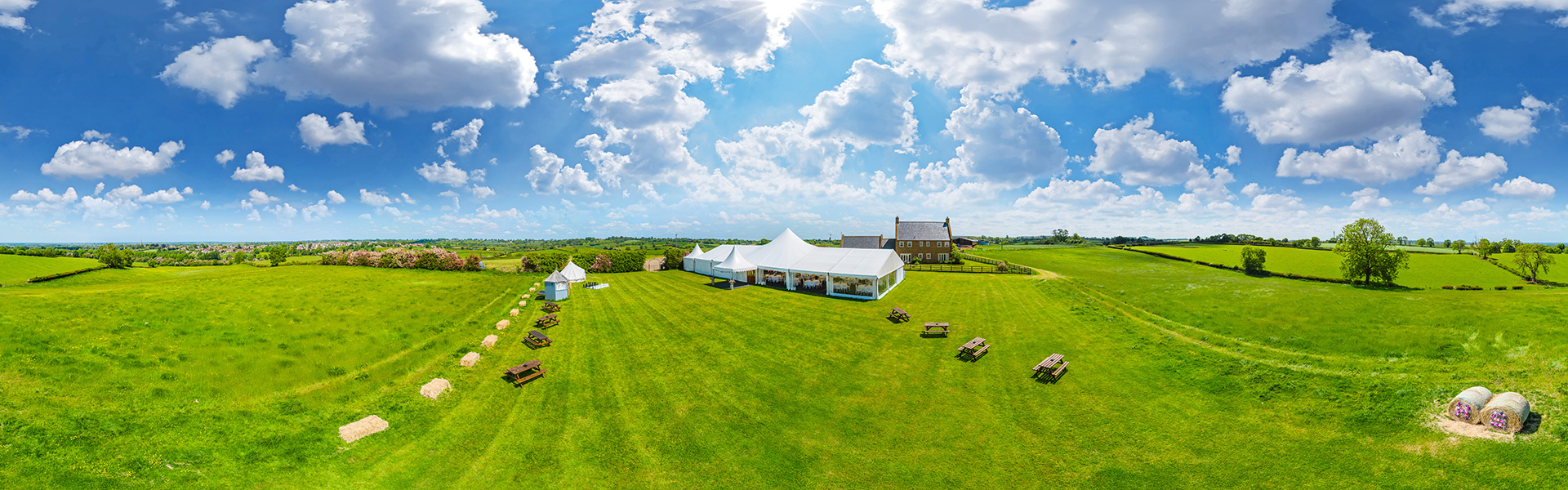 Aerial view of wedding marquee and venue - Home Farm Events near Coventry
